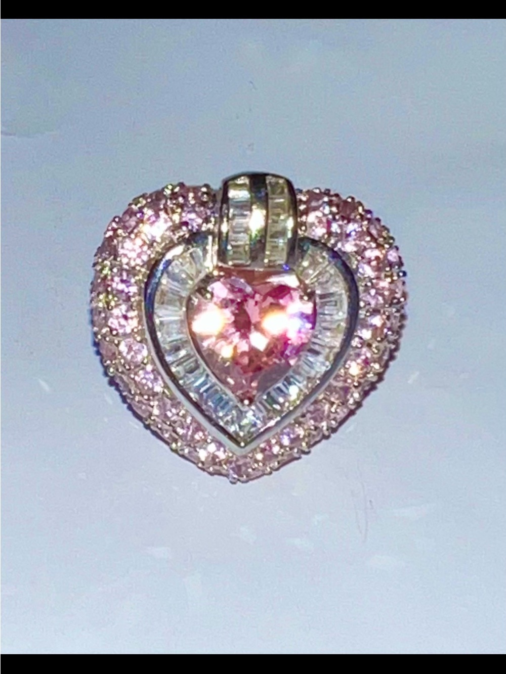 Pink Heart Shaped CZ and Baguettes on .925 -